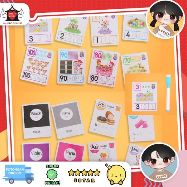 Kartu wipe and clean huruf matematika, Flash card belajar menulis anak