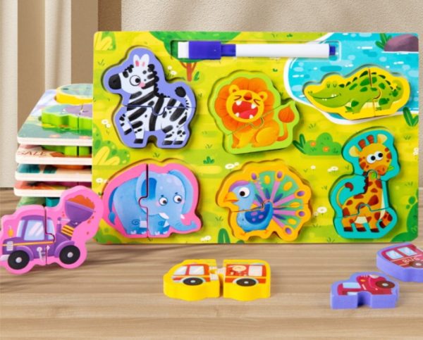 Mainan puzzle jigsaw papan tulis 2 in 1, Wooden puzzle toys