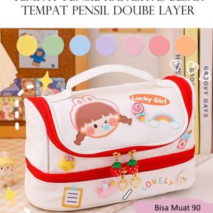 Kotak pensil 2 tingkat kapasitas besar, Tempat Pensil Motif kartun Lucu Double Layer